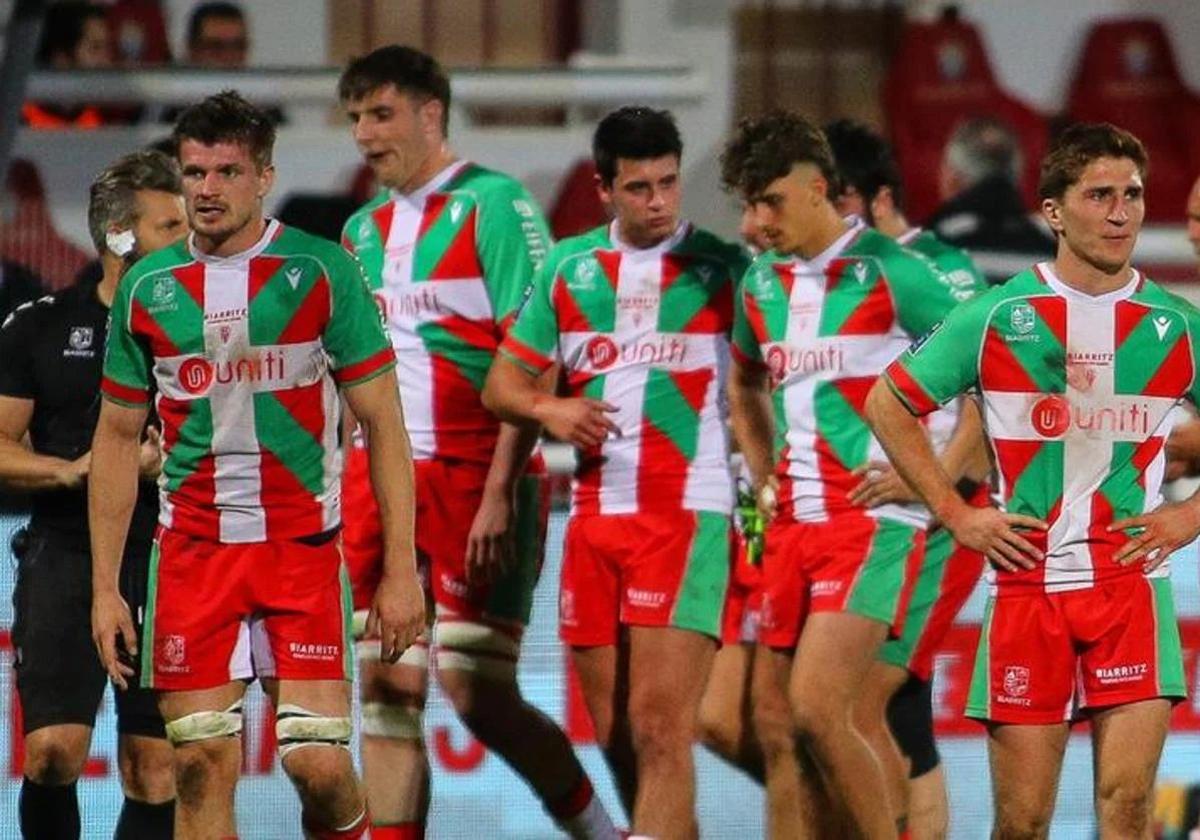Los jugadores del Biarritz Olympique en un partido de esta temporada.
