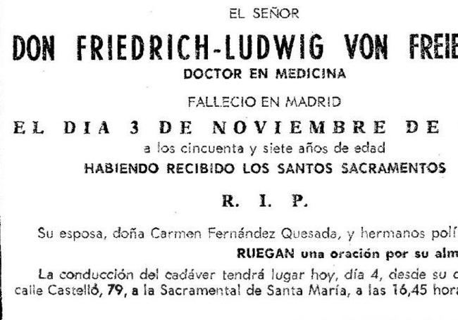 Esquela del falso doctor Von Freienfels en el 'ABC' del 4 de noviembre de 1971.