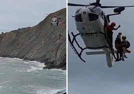 Dos momentos del rescate de las siete personas atrapadas esta tarde en las rocas del flysch de Zumaia.