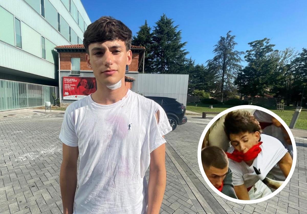 Jon Naldaiz, el joven de Olaberria herido en el séptimo encierro, tras salir de urgencias del Hospital de Pamplona con un apósito en el cuello.