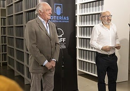 Jesús Huerta, presidente de Loterías, y José Luis Rebordinos, este miércoles, en Tabakalera.