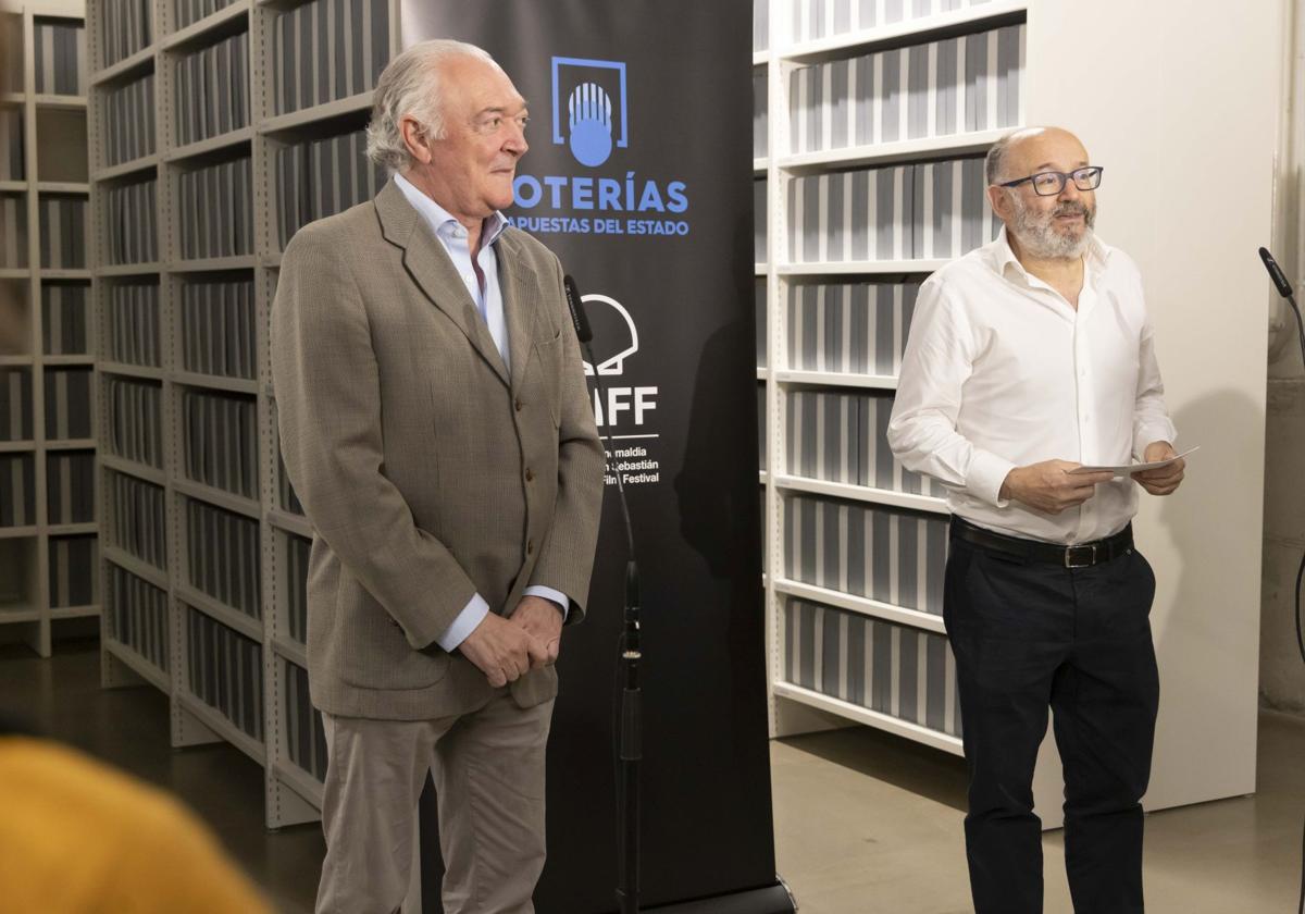 Jesús Huerta, presidente de Loterías, y José Luis Rebordinos, este miércoles, en Tabakalera.
