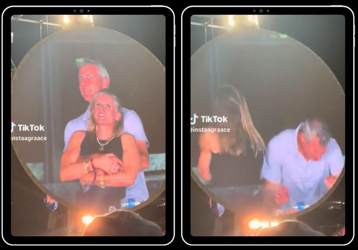 Andy Byron con Kristin Cabot durante el concierto de Coldplay y su reacción tras verse en las pantallas.
