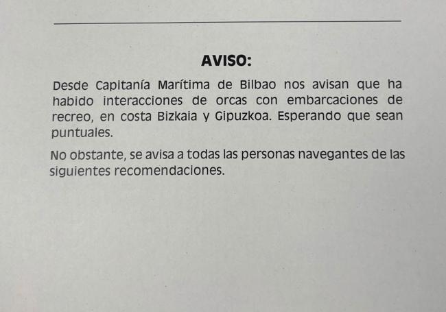 Aviso emitido por la Capitanía Marítima de Bilbao a los puertos de Euskadi ante las recientes interacciones de orcas con embarcaciones.