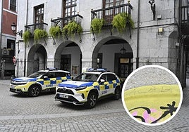 Imagen de la entrada del Ayuntamiento de Azpeitia y de la papelera con la pintada que desencadenó los incidentes del pasado fin de semana.