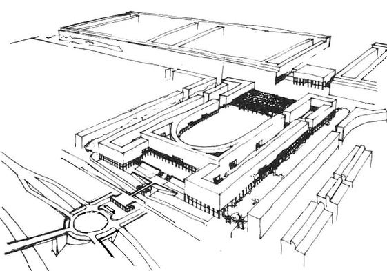 A la izquierda, perspectiva de la propuesta. Fuente: Publicación periódica del COAM Nº 206-207-Segundo Cuatrimestre. 1977. 'Seis Arquitectos Guipuzcoanos'. Debajo, ortofoto de integración de la propuesta en el lugar.