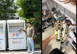 El autor del experimento en contenedor de ropa solidaria y en el lugar dónde encontró sus zapatillas.
