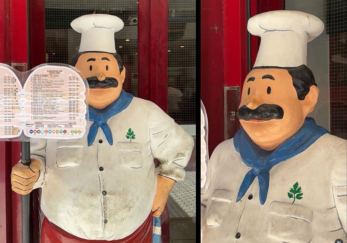 Luisito, la popular figura que preside la entrada de la hamburguesería donostiarra.