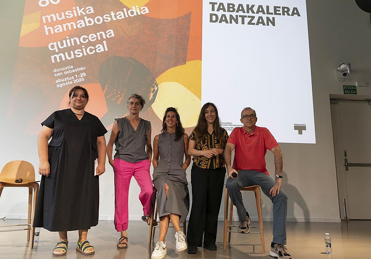 Clara Montero, Idoia Zabaleta, Olatz de Andrés, Laida Aldaz y Patrick Alfaya en la presentación del ciclo este viernes en Tabakalera.