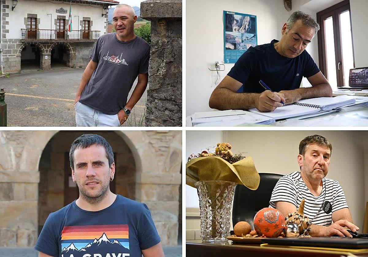Arriba, el alcalde de Belauntza, Iñaki Telleria, posa ante su Ayuntamiento, y Jon Zibizarreta, alcalde de Abaltzisketa, en su despacho; abajo, Endika Igartzabal, alcalde de Gabiria, en la plaza del ayuntamiento, y el regidor de Ezkio-Itsaso, Joseba Telleria, en su despacho.