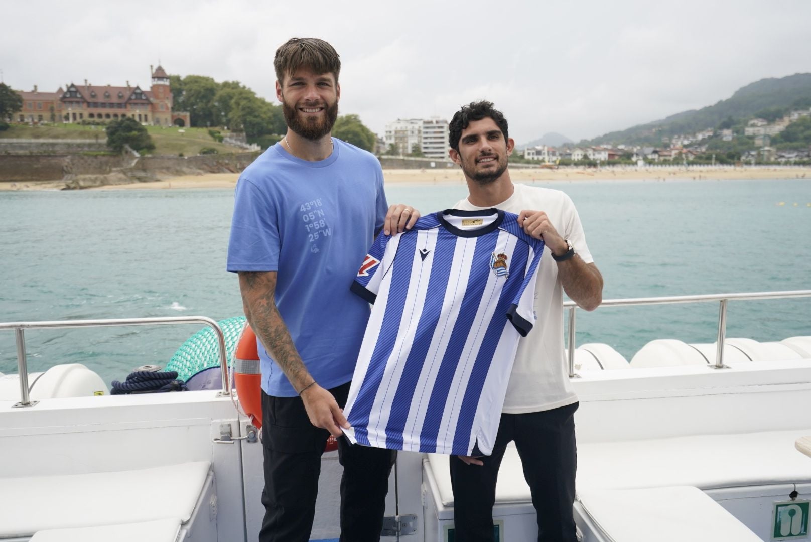 Gonçalo Guedes y Duje Caleta-Car, en su presentación como nuevos jugadores de la Real Sociedad
