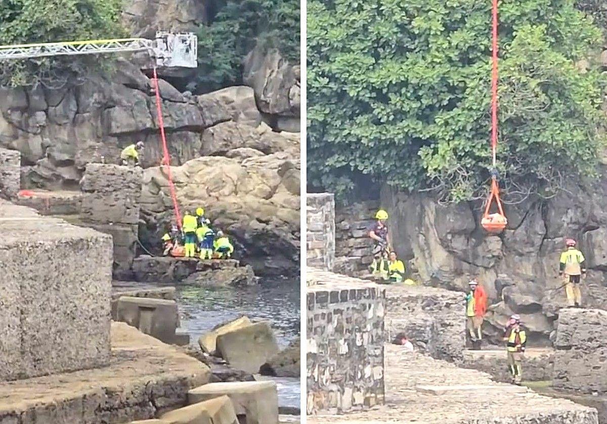 Imágenes del momento en el que el buzo es rescatado con la ayuda de la escalera del vehículo de los bomberos.