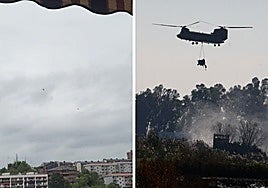 Esta tarde, dos helicópteros militares han sobrevolado Gipuzkoa camino de León. A la derecha, foto de archivo de la aeronave en operación.