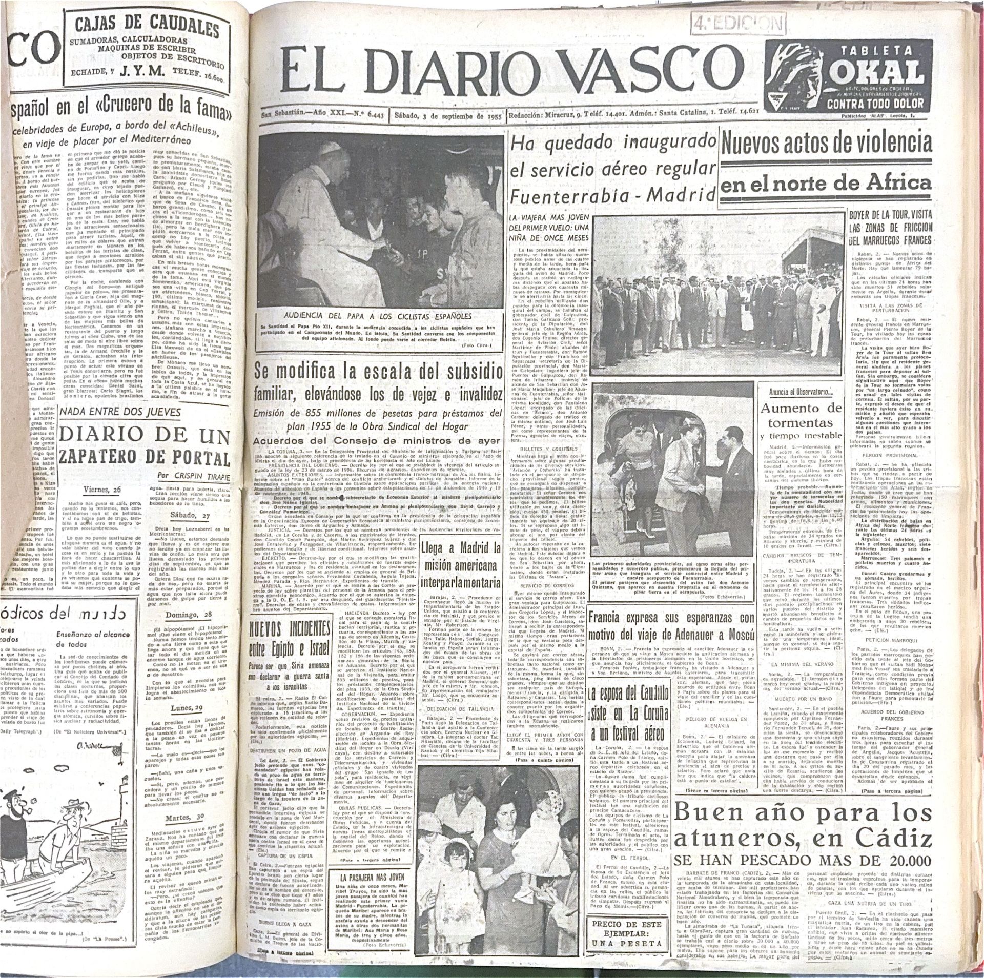 Ha quedado inaugurado el servicio aéreo regular Fuenterrabía - Madrid, el titular del día siguiente en la primera de El Diario Vasco. «La viajera más joven del primer vuelo, una niña de once meses», añadía el subtítulo.