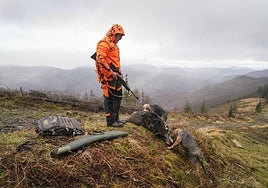 Un cazador observa junto a sus dos perros el jabalí neutralizado en una batida realizada este febrero en Berastegi.