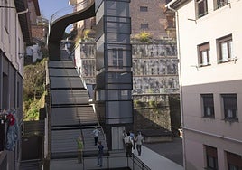 Fotomontaje del futuro ascensor que conectará la calle Escolta Real 26-28 y el paseo de Hériz 19-21.