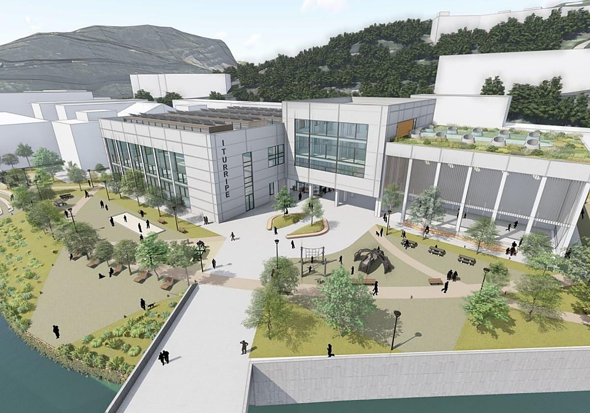 Infografìa del futuro complejo polideportivo de Iturripe con el parque público y la ribera del Aramaio naturalizada.