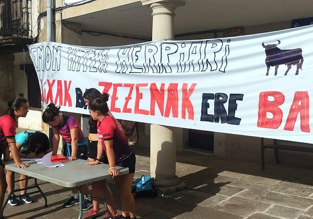 Mesa de recogida de apoyos que  montaron las jóvenes el día 20 en la feria.