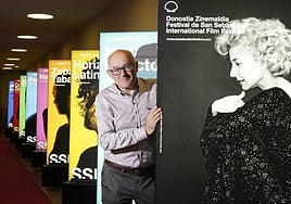 José Luis Rebordinos, con los carteles de esta edición en el Kursaal donostiarra.