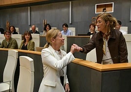 La portavoz jeltzale, Euge Arrizabalaga, saluda a la diputada general, Eider Mendoza, durante el pleno.