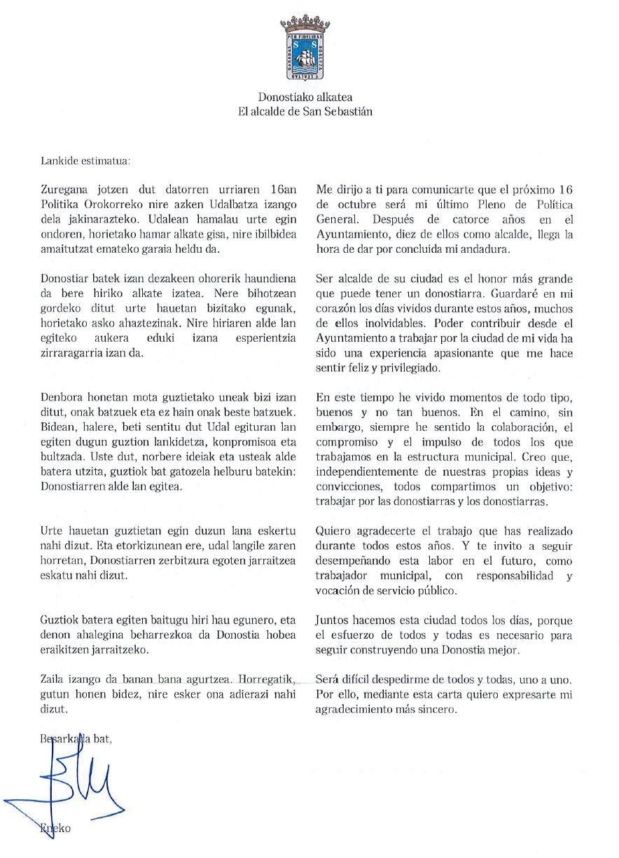 Carta de Goia a los empleados municipales