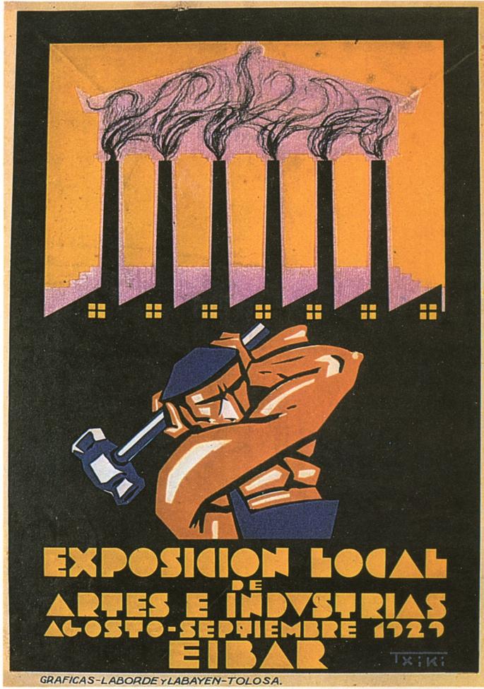 Cartel de 'Txiki' para la exposición de Artes e Industrias de Eibar de 1929. Impreso, como tantísimos otros, en Gráficas Laborde y Labayen de Tolosa.