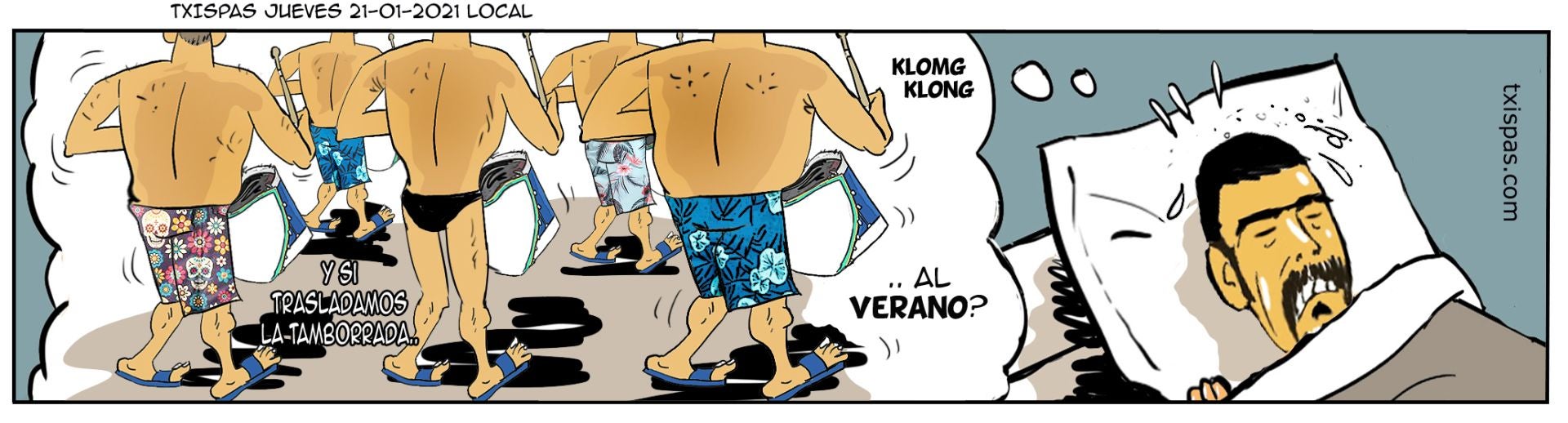 Trasladar la tamborrada al verano, una 'provocación' del artista para esbozar una sonrisa. 