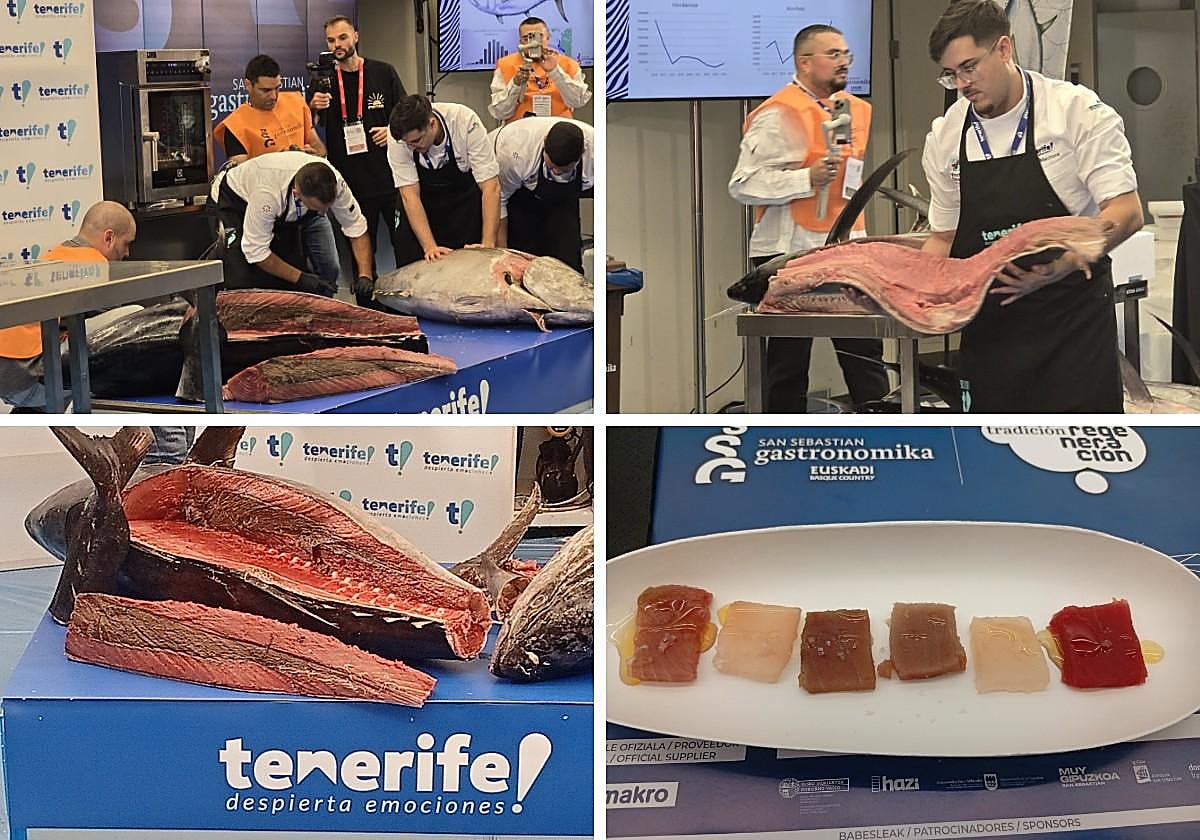 Diferentes momentos del proceso del ronqueo del atún hasta su puesta a punto en mesa para el cliente.