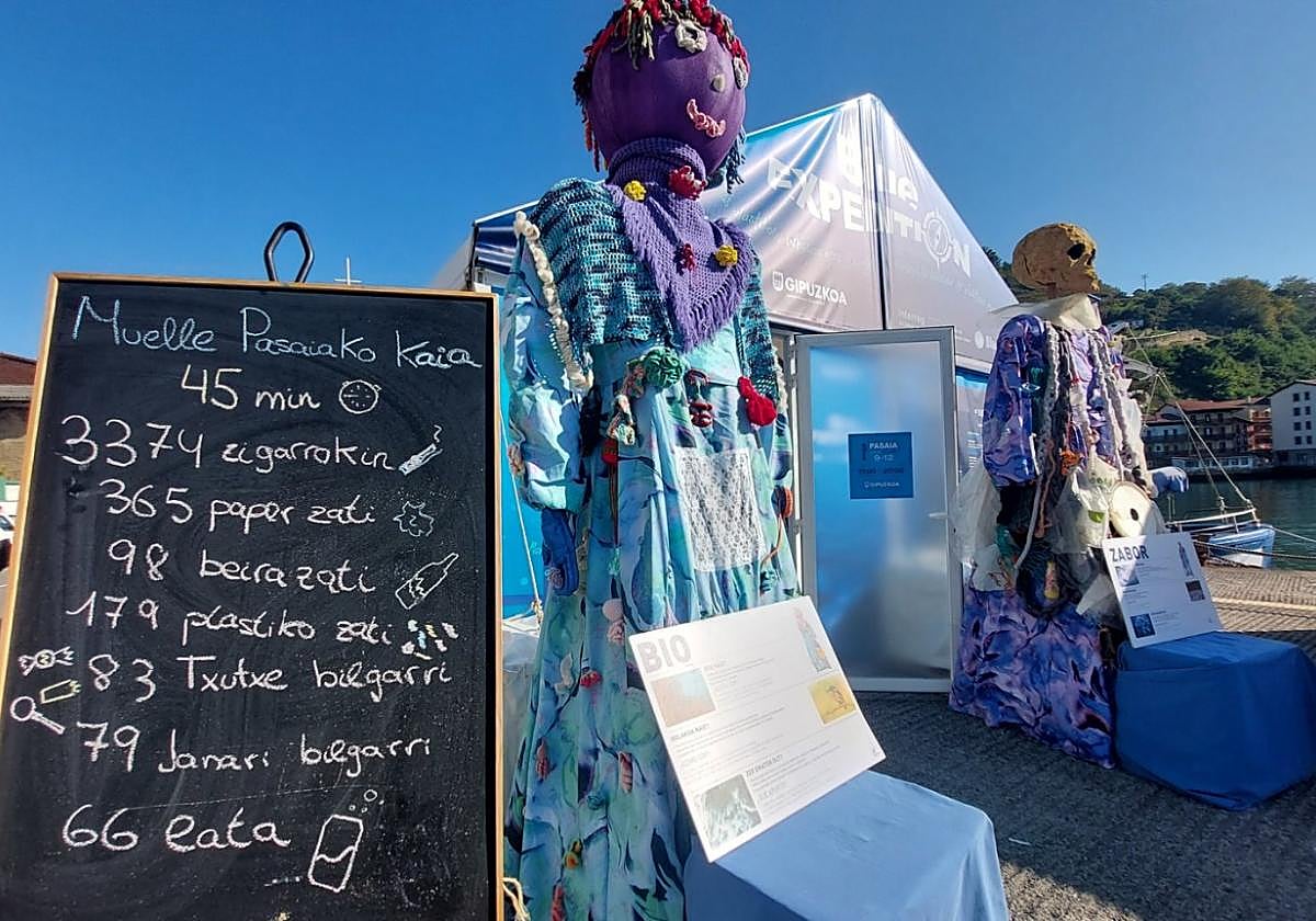 La pizarra con la cantidad de residuos retirados del muelle de San Pedro, expuesta ante los gigantes Zabor y Bio.