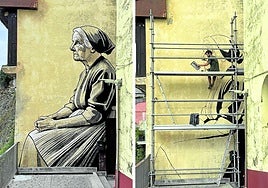 Mural berria 'Amona' izenakoa. Eskuinaldean, margolaria, Aaron Diego, lanean zegoela.