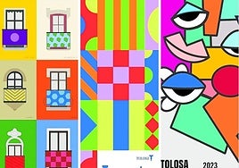 Reproducción parcial de los tres carteles coloristas que abrieron una nueva etapa en los Iñauteriak tolosarras.