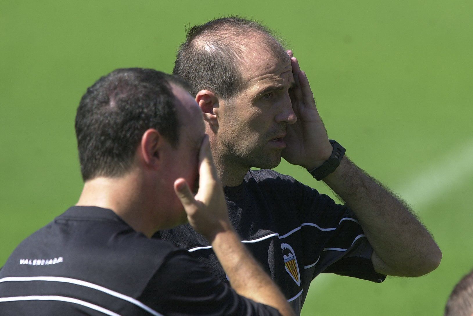 Junto a Rafa Benítez en un entrenamiento del Valencia