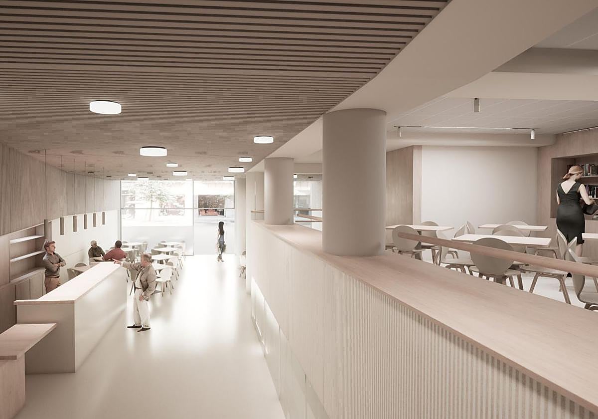 Vestíbulo, cafetería y salón del futuro hogar del jubilado vistos desde la escalera.