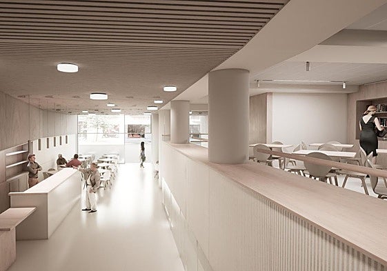 Vestíbulo, cafetería y salón del futuro hogar del jubilado vistos desde la escalera.