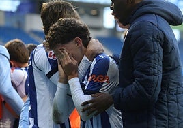 Dani Díaz, emocionado, no puede reprimir las lágrimas tras marcar el gol de la victoria ante el Leganés en el descuento