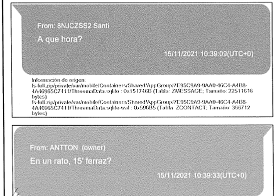 Una de las conversaciones entre Cerdán y Antxon a través de la aplicación Threema incluida en el informe de la UCO.