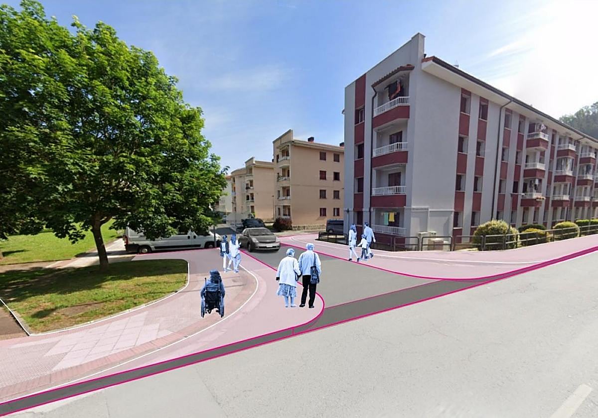 Infografía del barrio de Bedarreta con las aceras ampliadas y un único carril de circulación de salida.