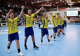 Jugadores y entrenadores del Irudek Bidasoa Irun celebran con sus aficionados la gran victoria europea de anoche.