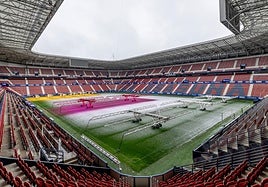 Aspecto del césped de El Sadar ayer tras la nevada que cayó en Pamplona.