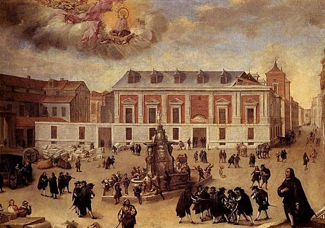 'Milagro de la Virgen de Atocha en las obras de construcción de la Casa de la Villa', donde se aprecía una riña a espada en plena calle. Anónimo (entre 1650 y 1675)