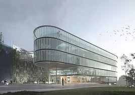 Boceto del futuro edificio quirúrgico, que se erigirá frente a la fachada principal del actual hospital y estará conectado al mismo mediante pasarelas.