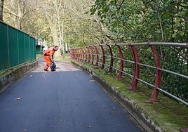 Un operario realizando trabajos de reacondicionamiento de uno de los bidegorris de Lezo.