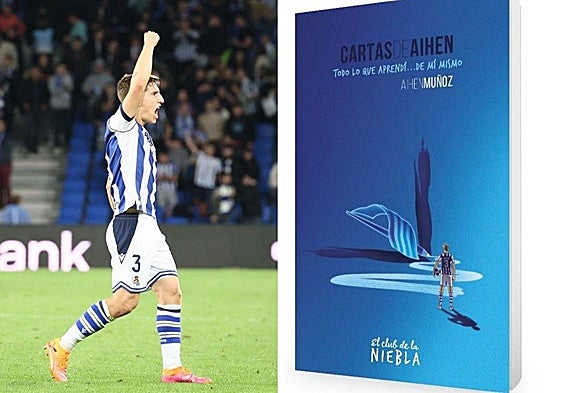 Aihen celebra uno de los goles al Sevilla, junto a su libro