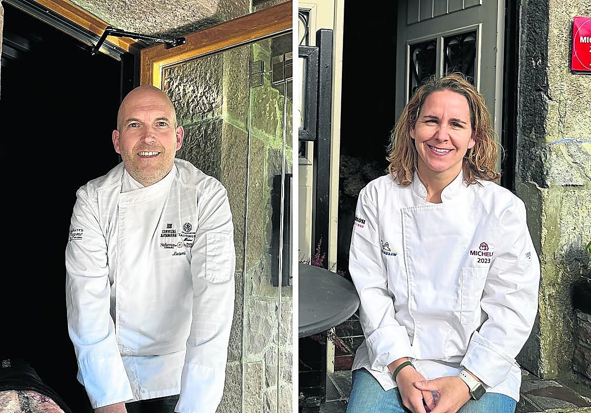 Luismi Lacar en la puerta del Restaurante Arotxa y Haizea Luzuriaga en Donamaria'ko Benta.