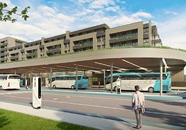 Fotomontaje de la nueva estación de autobuses y de las viviendas que se proyectan encima de la estación.