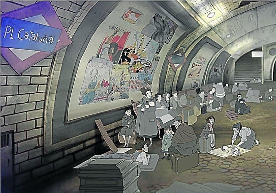 Víctor y su hija Julia, refugiados en un andén subterráneo, junto a otros republicanos españoles.