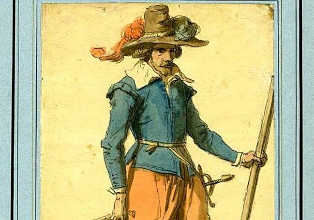 Acuarela representando a un mosquetero del siglo XVII.