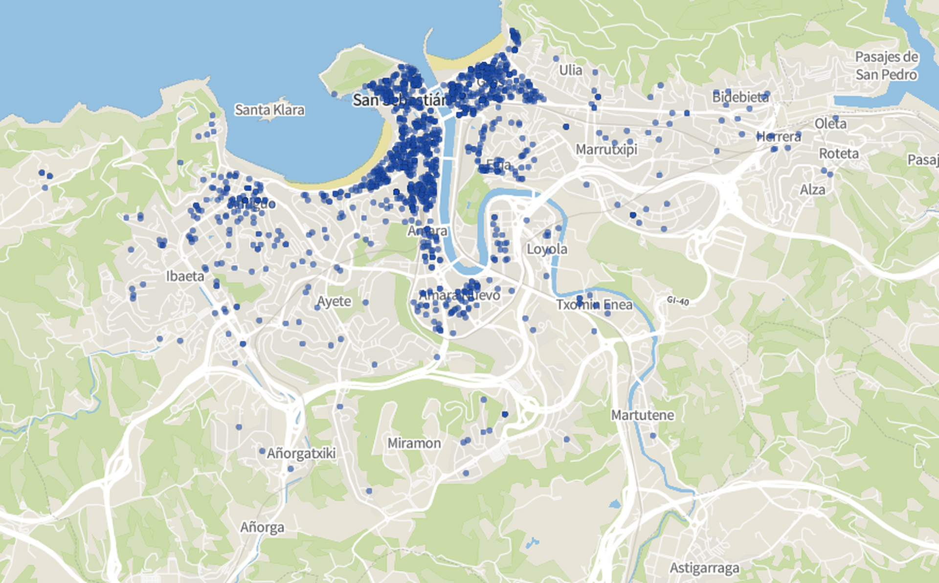 Así es el mapa de pisos turísticos en Donostia: el Centro y Gros concentran el 70%