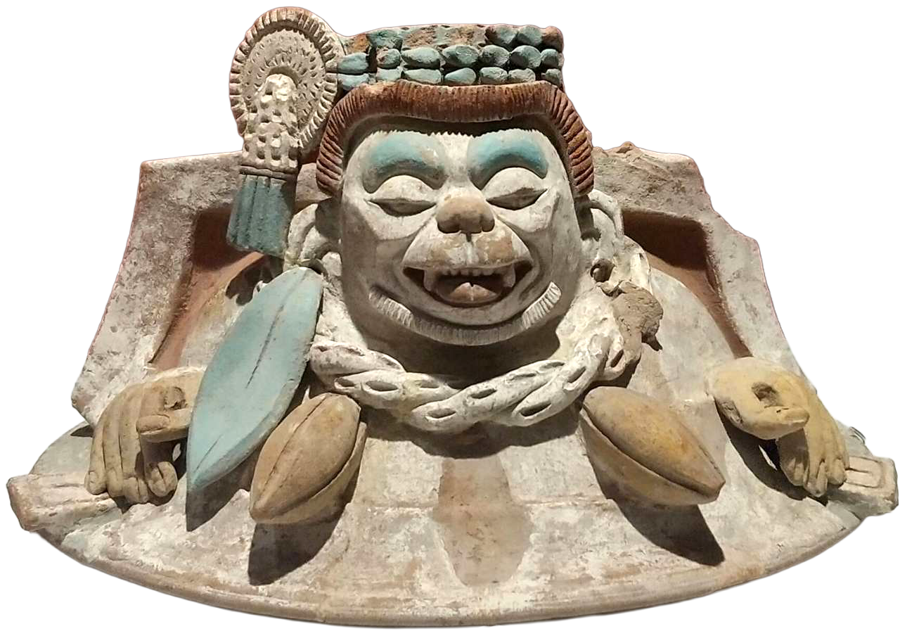 Recipiente de cerámica que representa al dios mono con una corona de granos de cacao y un collar con sus mazorcas. Cultura maya. 600-950 d.C. Museo de Sitio de Toniná (México).