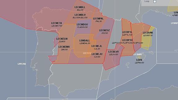 Mapa de los retrasos en la Península, según Eurocontrol a las 13.30 horas.